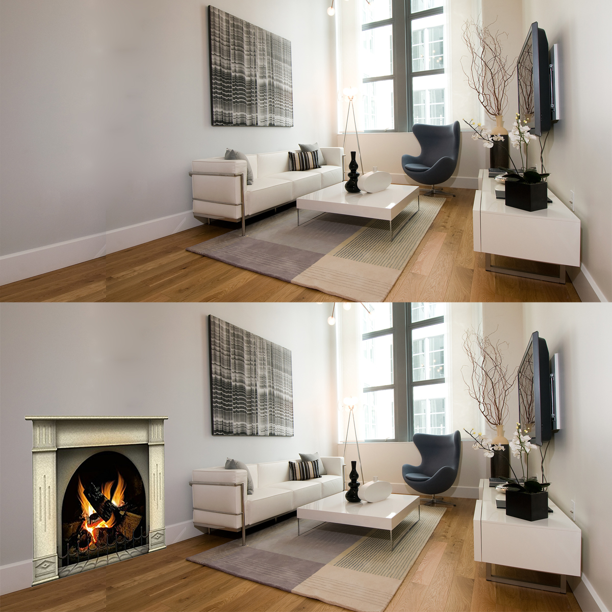 Want a replica fireplace for Christmas stockings and photos? A 3-D cardboard fireplace or removable vinyl wall fireplace decal can be a great substitute.
