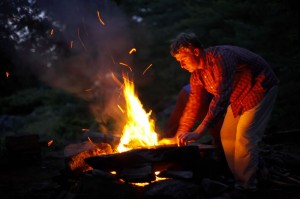 Roaring fire in an outdoor fireplace or firepit