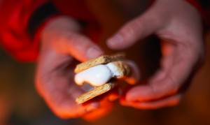 Cooking s'mores on a fire