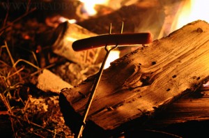 There's no better way to roast a hot dog than over a wood fire.