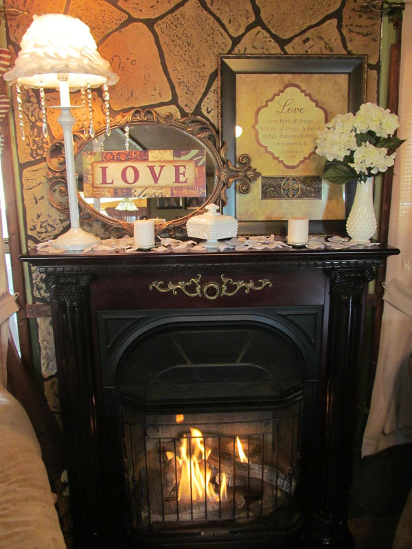 romantic fireplace decorated for Valentine's Day