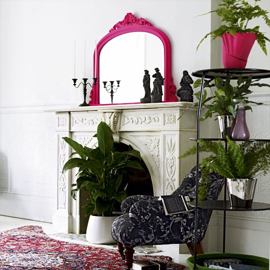 fireplace decorated with plants