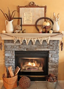 Whether feathers, pinecones, or wood, nature's subtle tones set the color scheme for this Thanksgiving fireplace.
