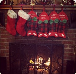 Plaid, fish-shaped stockings join the ones for the humans on this cheery holiday hearth.