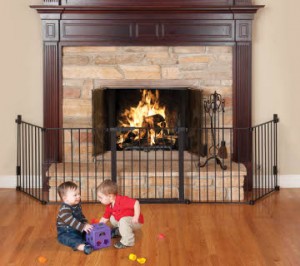 Child safety gate around fireplace