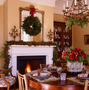 Wreath on fireplace mantel mirror