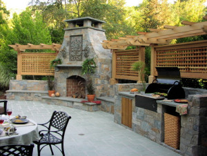 outdoor chimney with stone chimney cap
