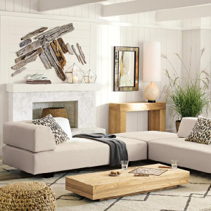 Driftwood decorates fireplace wall