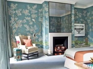 Square mirror tiles above fireplace