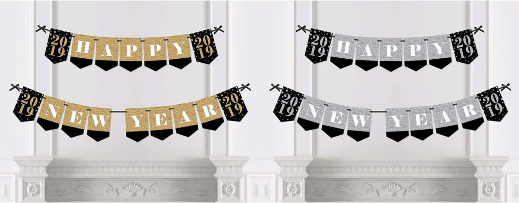 Two-piece New Year Fireplace Banner in Silver or Gold