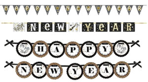 Triangle, square, and circular individual letter New Years banners.