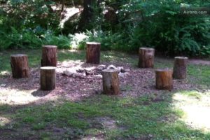 fire pit log seats - stumps in circle around fire pit