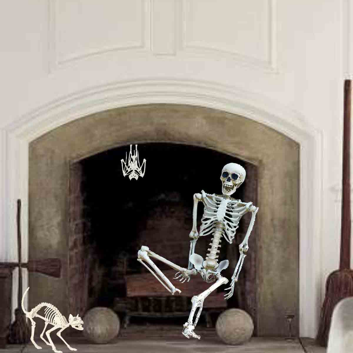 Human-cat-bat-skeletons-in- Halloween Skeleton Fireplace