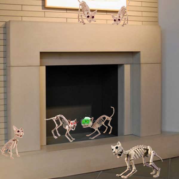 cat Halloween skeleton fireplace