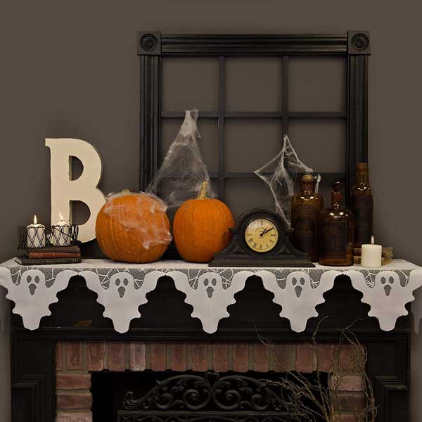 White Ghost Bordered, 20" by 82" Halloween Fireplace Mantel Scarf